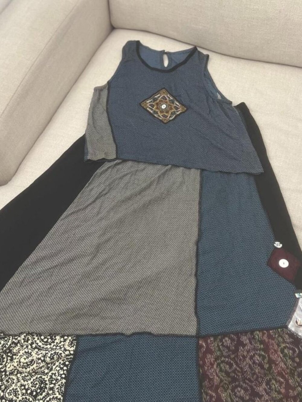 VTG Faith by Celia Forrester Pathwork Skirt Set Boho Rayon L/XL Blue Quilted